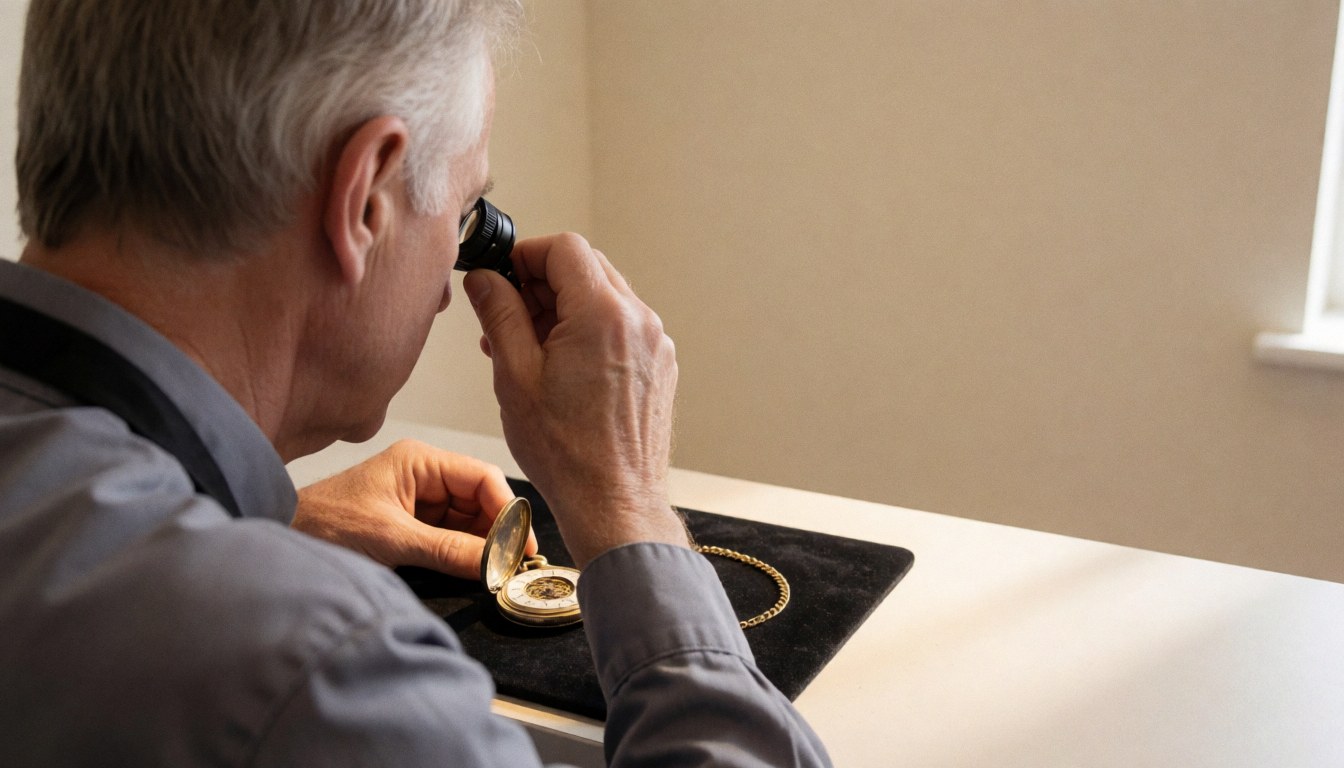 A watchmaker inspects an open pocket watch using a magnifying glass on a black surface in a workshop with beige walls and natural light.