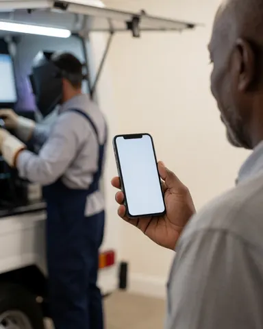 Satisfied client reviewing smartphone while technician works inside mobile service truck against clean white walls