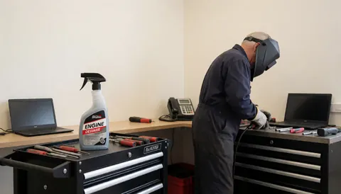 Close-up of a degreaser bottle on a toolbox in an auto repair shop with a welder working in the background