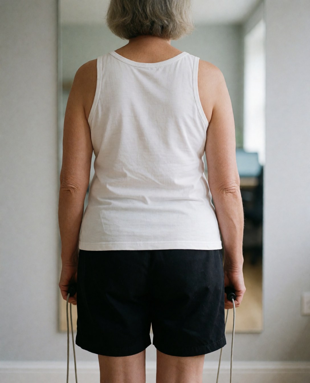 back view of a woman jumping rope in a training room with light gray walls