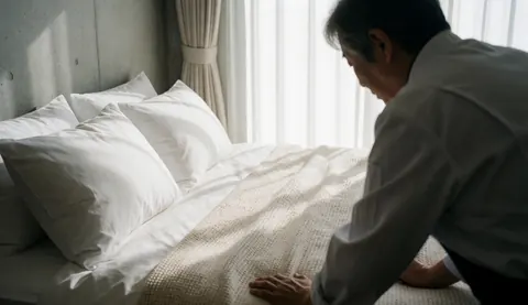 Senior individual arranging white pillows and textured blanket on a bed with natural light coming through curtains in a concrete room