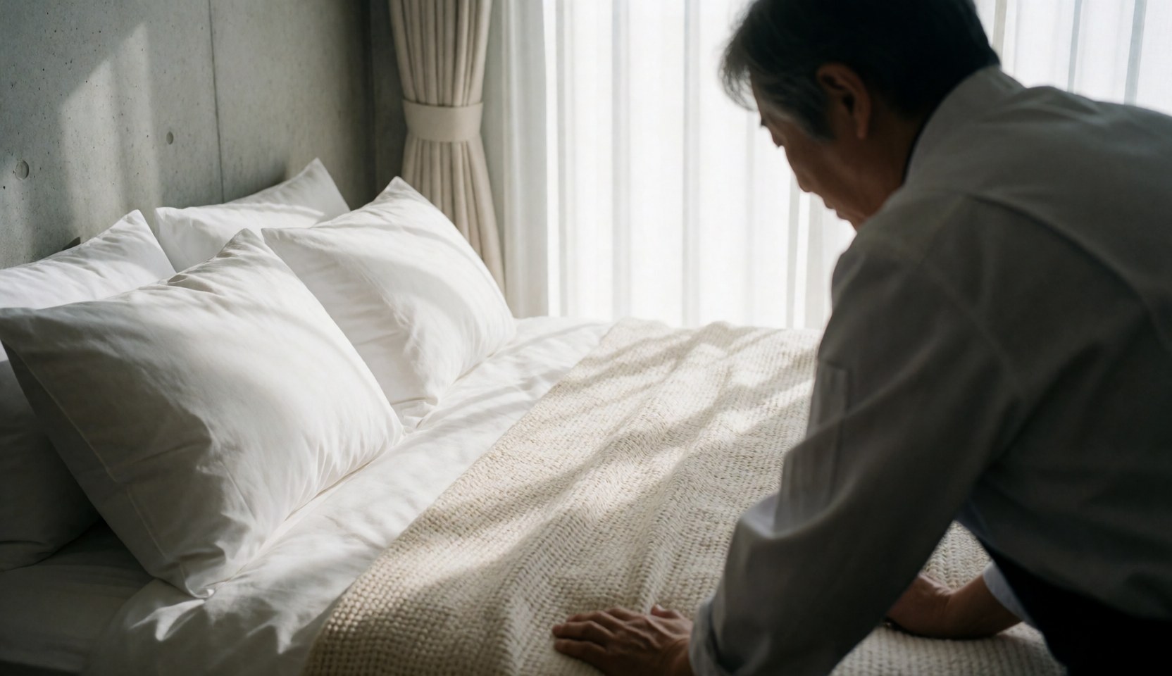Senior individual arranging white pillows and textured blanket on a bed with natural light coming through curtains in a concrete room