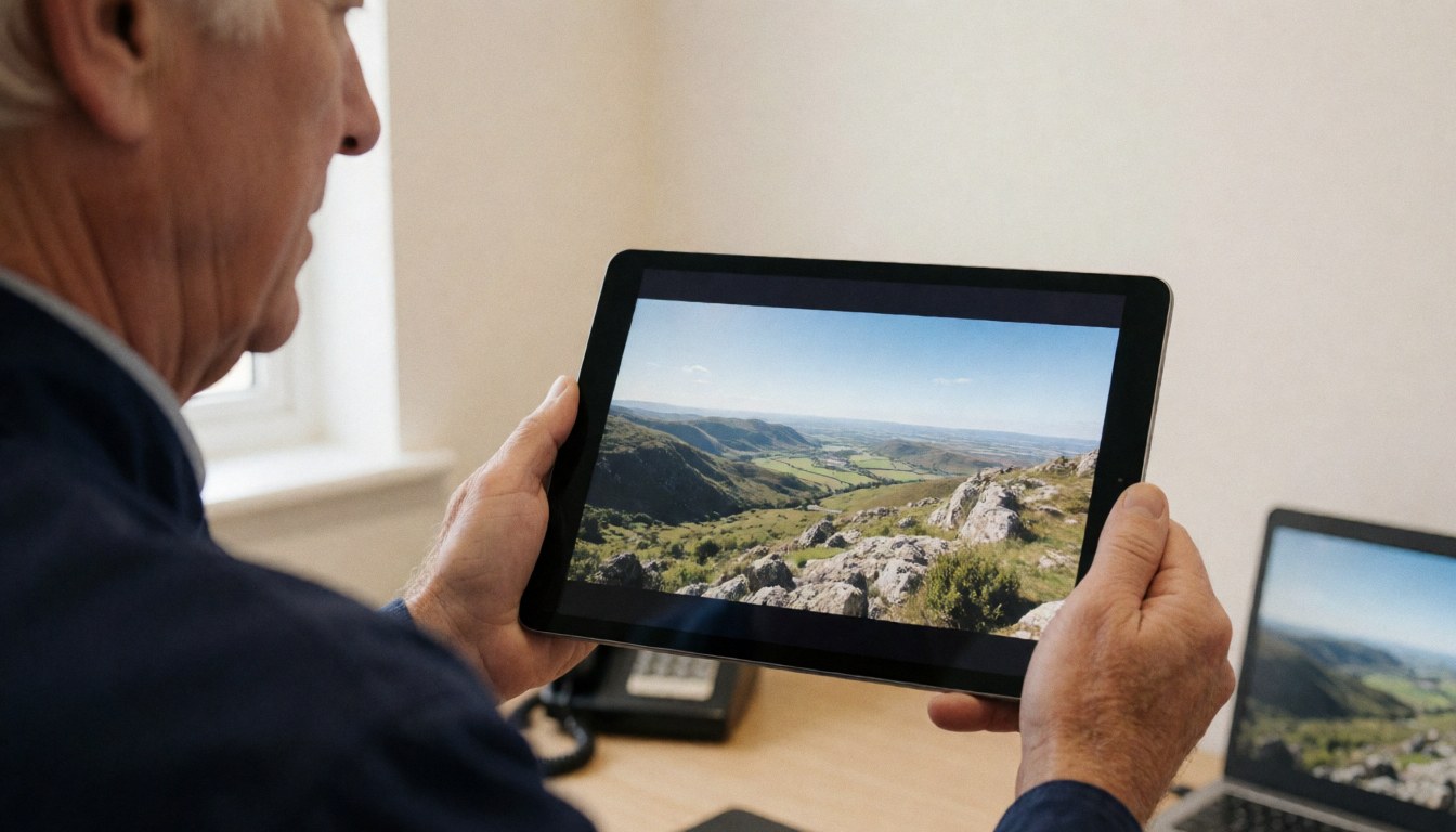 A professional photographer shows a panoramic image on a tablet in an office with light walls and a computer in the background.
