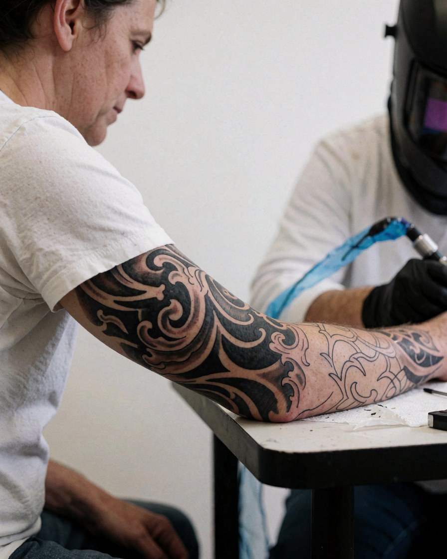 Tattoo artist using a machine on a client's arm with a white wall background