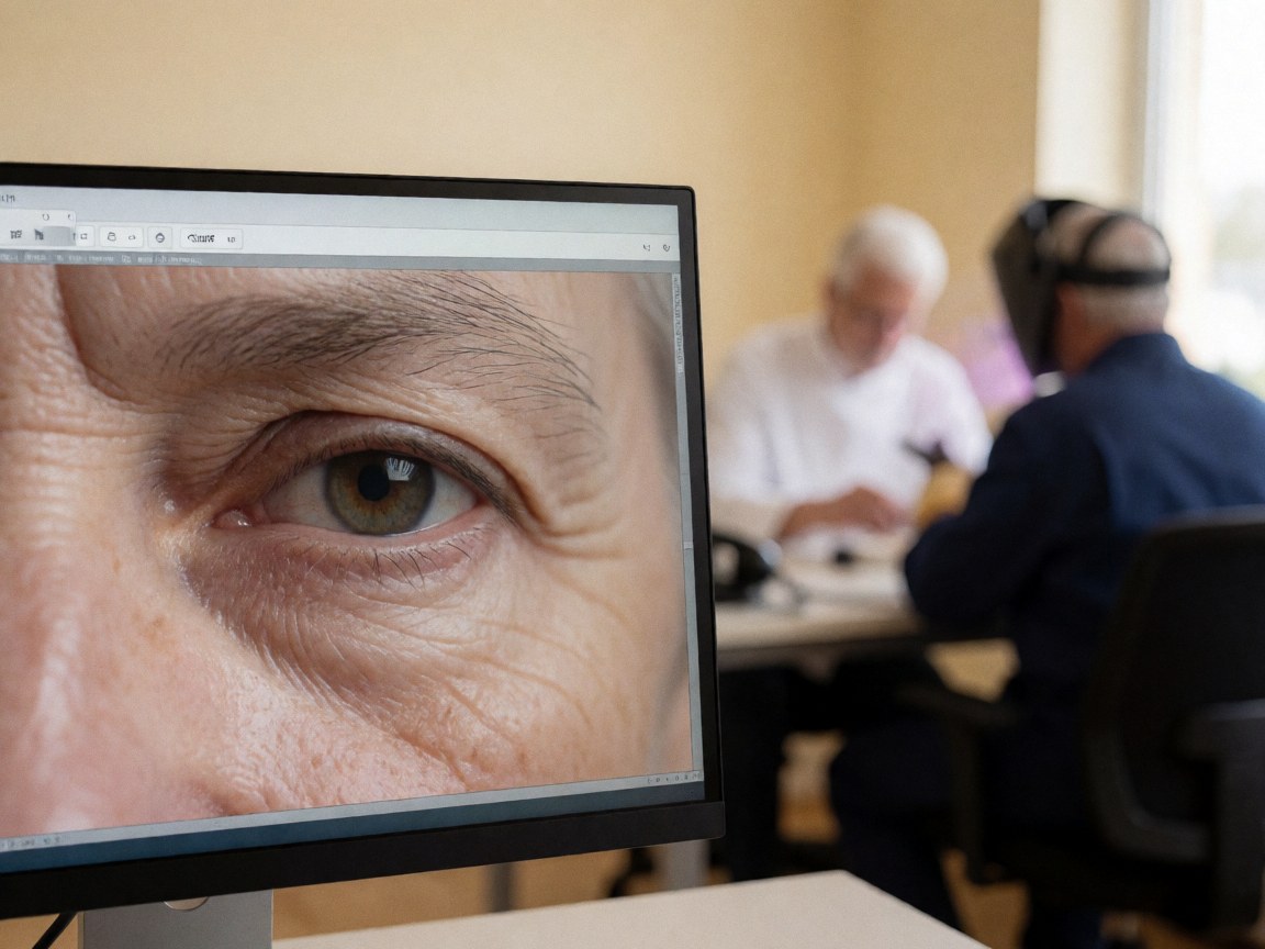 Close-up view of a human eye displayed on a monitor screen in an office setting with beige walls and blurred figures working in the background