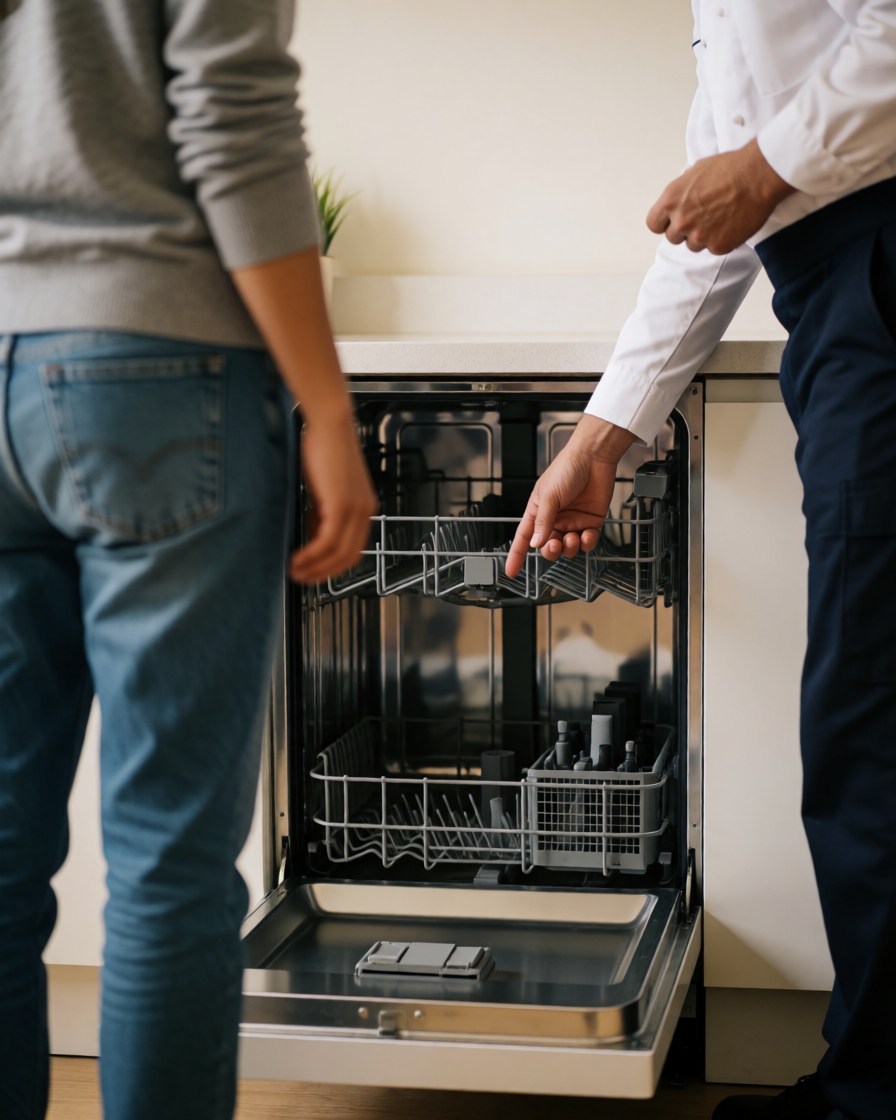 Technician in white shirt displays the clean interior of an open dishwasher to a customer in a modern kitchen.