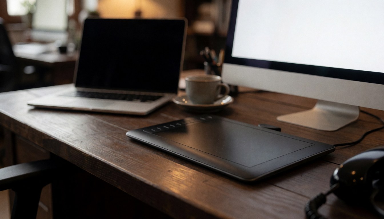 Graphic tablet and monitor on a dark wooden desk in a photography workshop with a coffee cup and warm atmosphere