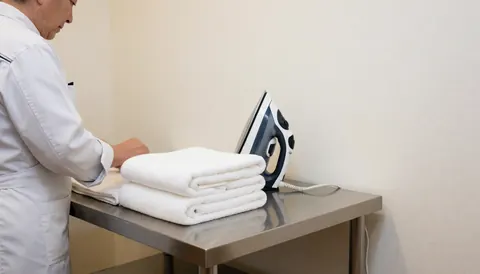 Back view of a person ironing white towels on a stainless steel table in a laundromat with cream walls