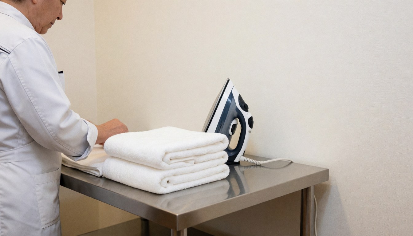 Back view of a person ironing white towels on a stainless steel table in a laundromat with cream walls