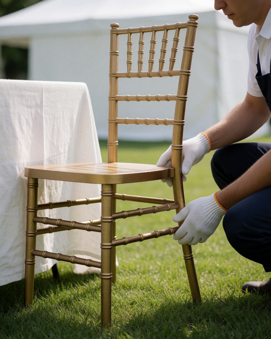 Professional hands adjusting a golden chiavari chair on a grassy lawn next to a table with a white tablecloth for event furniture rental