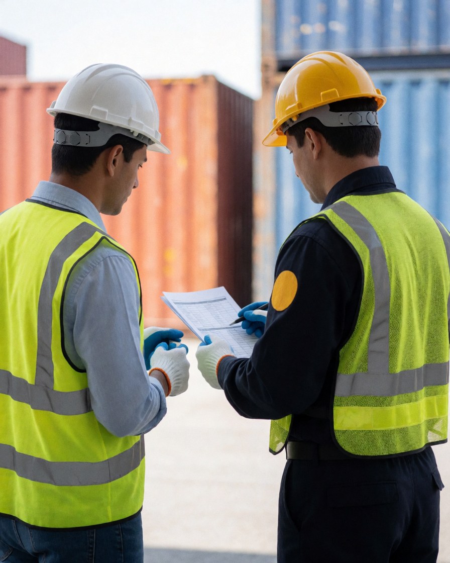Two workers in safety gear inspecting paperwork at a busy container terminal with cargo containers in the background