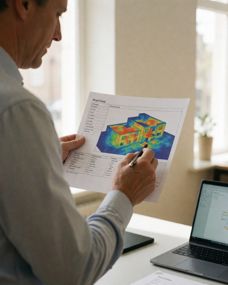 A customer examines a thermal map of a building in a modern office with natural light, holding a pen and a laptop on the desk.