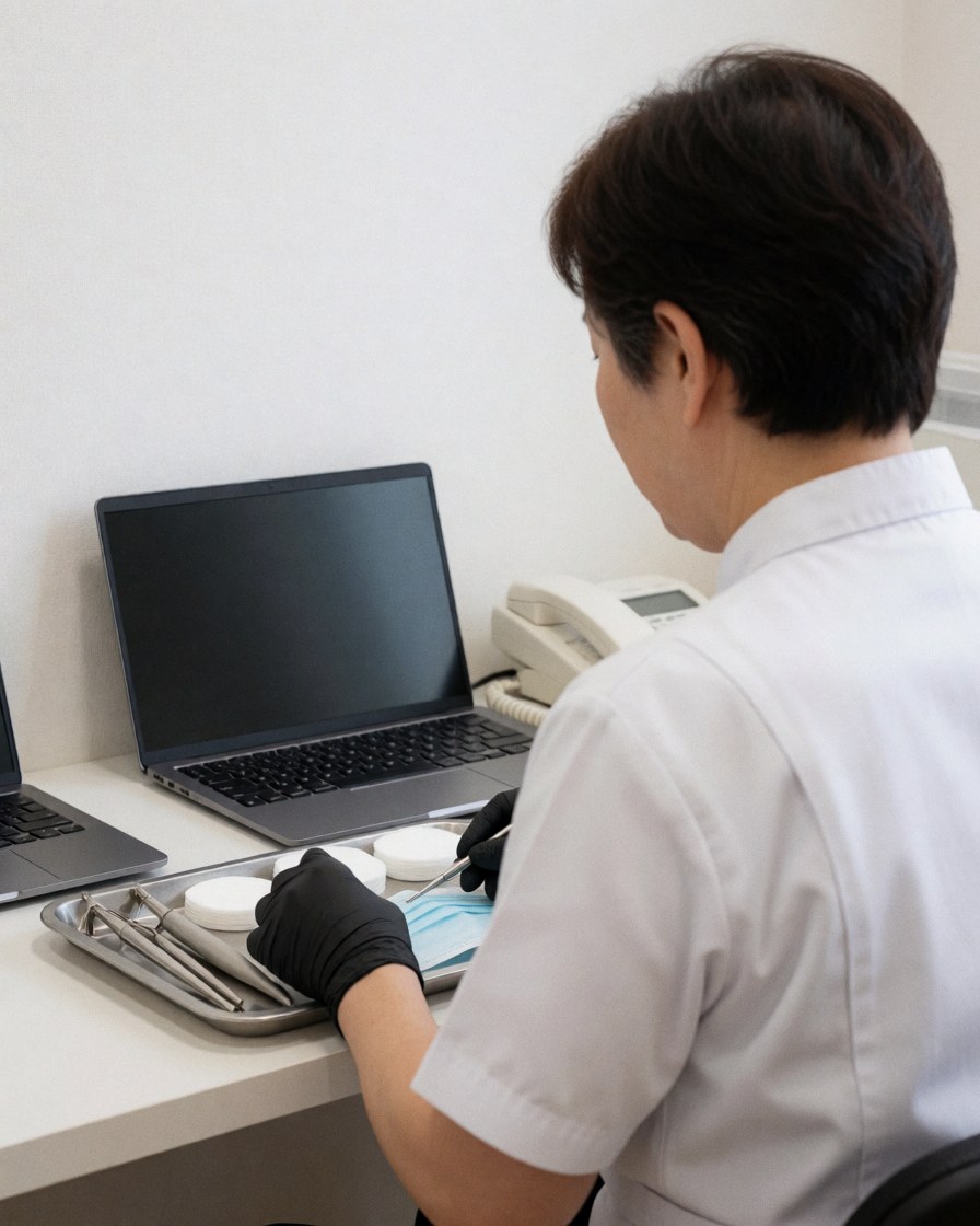 A therapist in a white uniform and black gloves prepares facial cleansing tools on a clean, modern workstation.