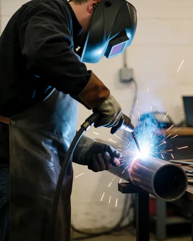 Professional welder wearing protective gear and gloves, welding a steel pipe in an industrial workshop with bright sparks flying