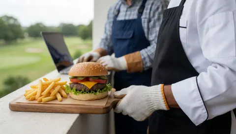 Gourmet burger with fries on a wooden board on a terrace overlooking a golf course, ideal for food business marketing.