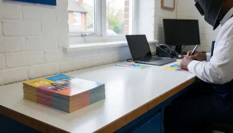 Stack of A5 flyers on a work desk with a white brick wall, a person working with a pencil and laptop, ideal for a print shop business.