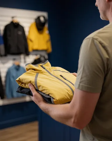 A smiling customer holds a yellow reflective cycling jacket inside a bike shop with dark blue walls and cycling gear displayed.