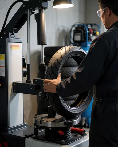 Mechanic wearing safety glasses mounting a motorcycle tire on a tire changing machine in a workshop with concrete walls and industrial lighting.