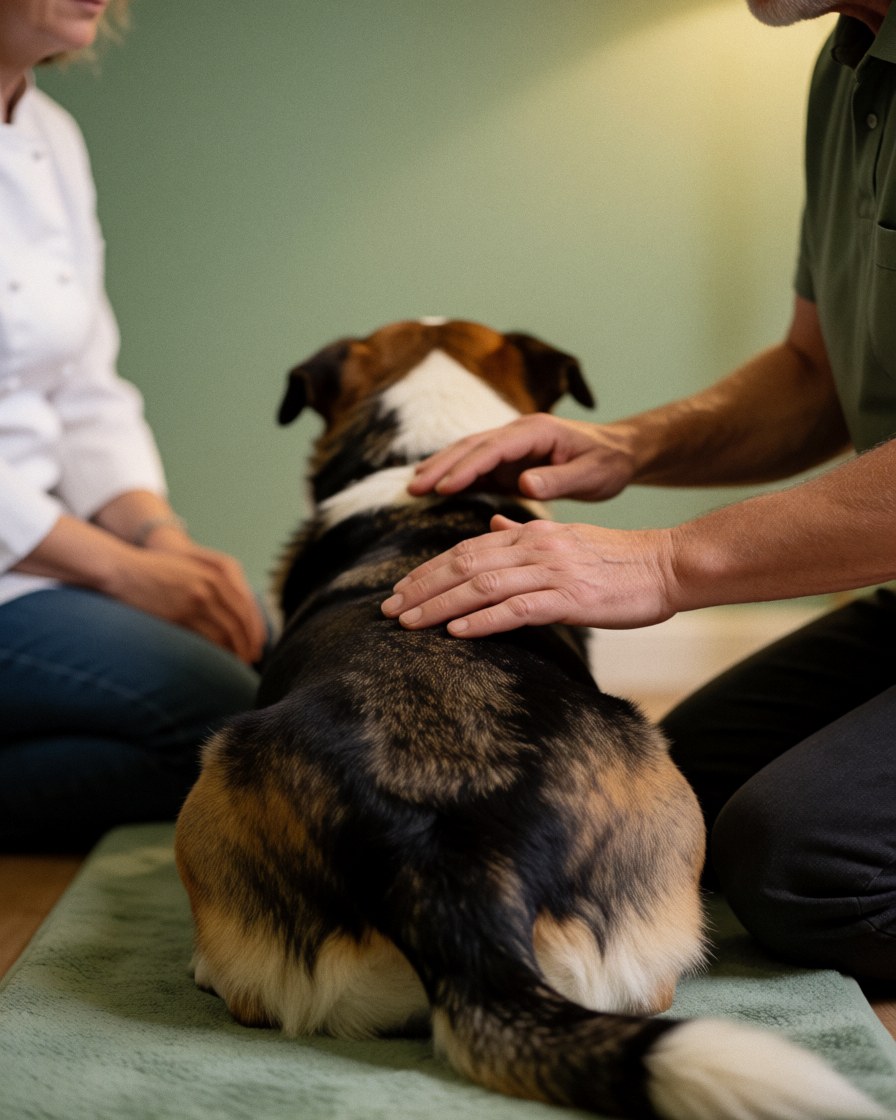 Hands placed on a dog's back during a calm Reiki session with a green wall background for canine wellness