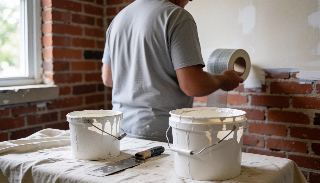 A professional uses a taping knife to apply aluminum tape and joint compound for wall repair on a surface with exposed brick.