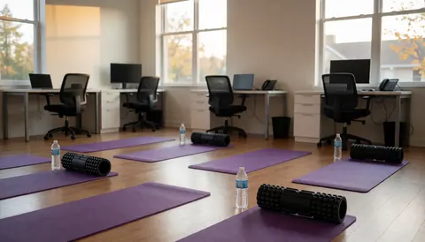 Purple yoga mats and black foam rollers arranged on a wooden floor in a bright recovery space with natural light, suitable for volleyball coaching content.