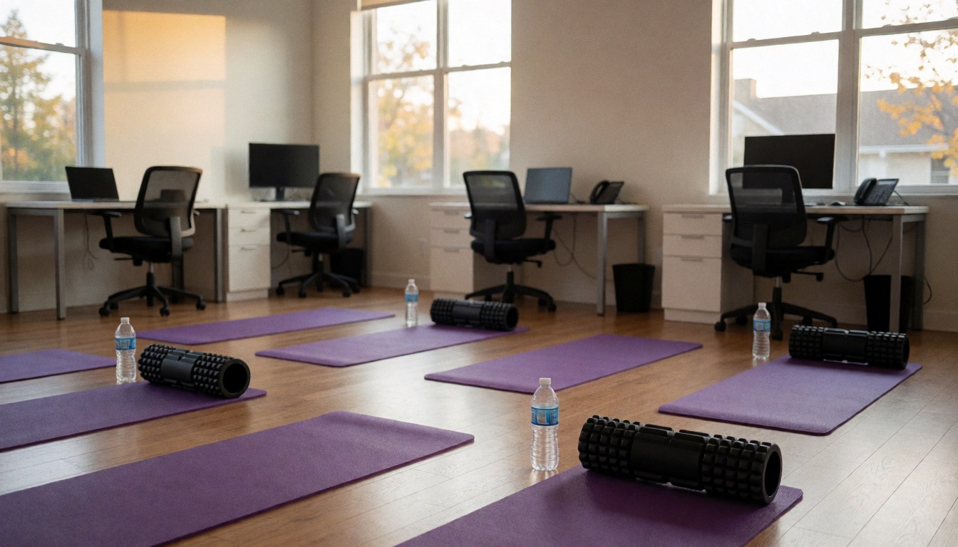 Purple yoga mats and black foam rollers arranged on a wooden floor in a bright recovery space with natural light, suitable for volleyball coaching content.