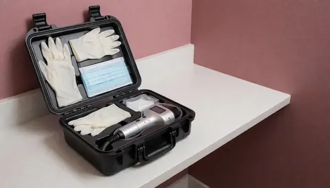 Open sterile kit containing laser handpiece, medical gloves, and surgical mask on a white counter with a pink wall background for a clinic setting