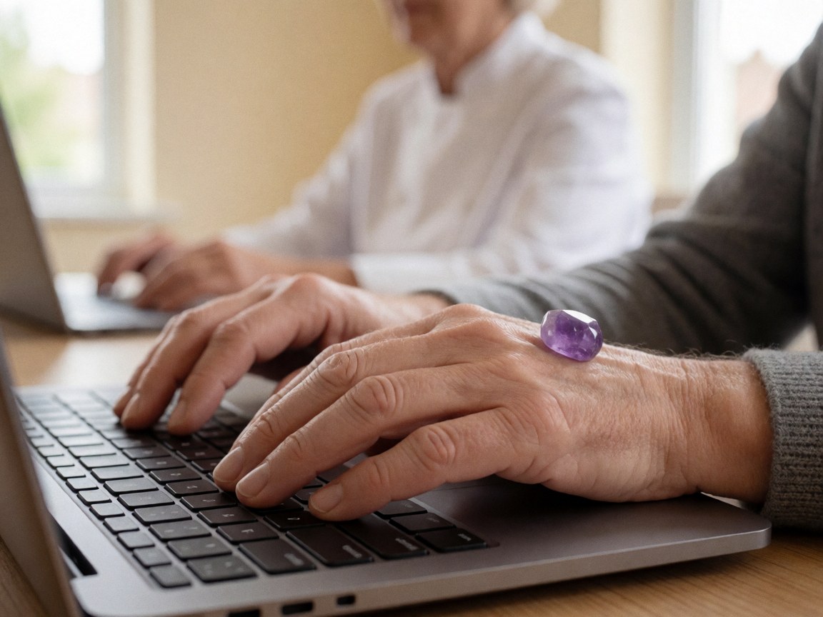 Close-up of hands wearing an amethyst ring resting on a laptop keyboard with natural light and a beige wall background