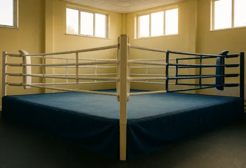 Empty boxing ring with white and blue ropes inside a gym featuring yellow walls and high windows, ready for training sessions.