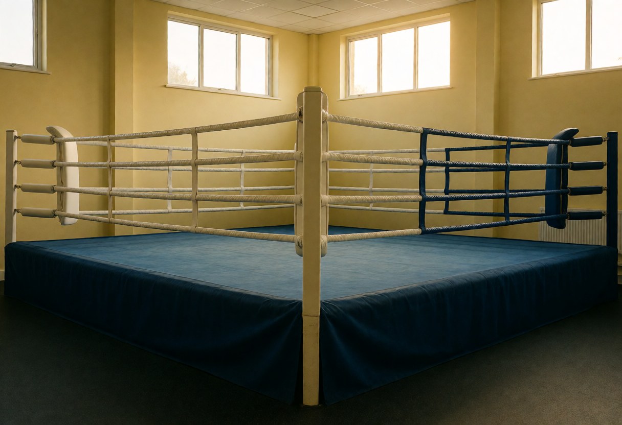 Empty boxing ring with white and blue ropes inside a gym featuring yellow walls and high windows, ready for training sessions.