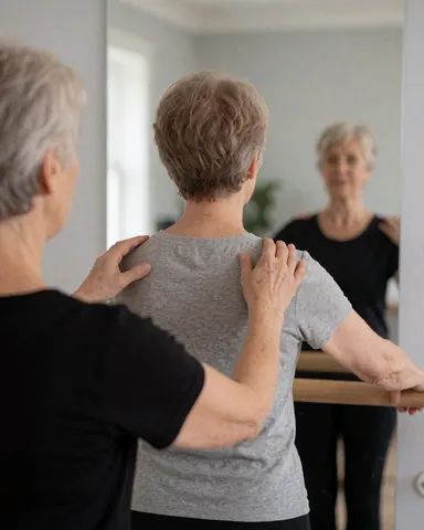 Dance instructor corrects a student's posture at a barre in a studio with gray walls and natural light
