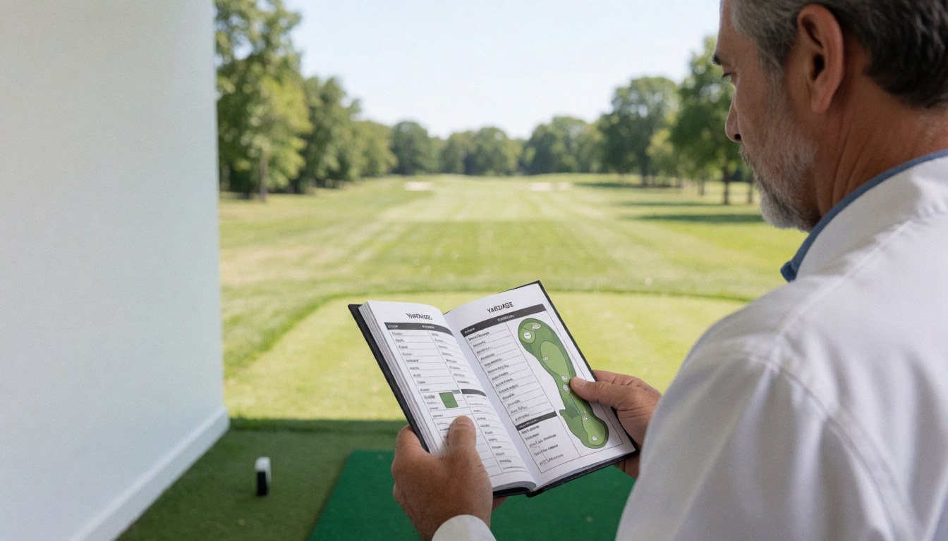 Golf instructor holding an open yardage book while looking out at the golf course from the tee box