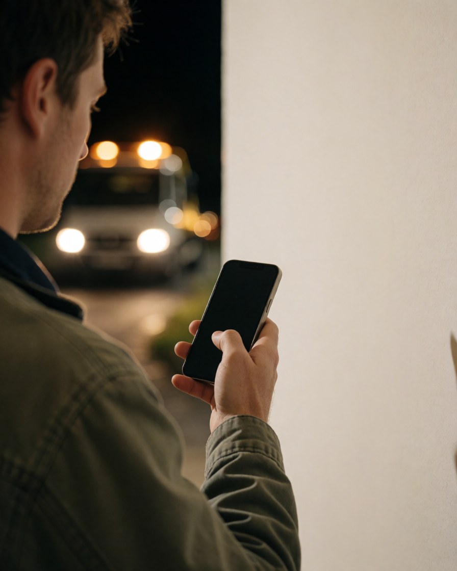 Person holding a mobile phone while waiting for tow truck assistance with truck lights visible in the background against a white wall at night