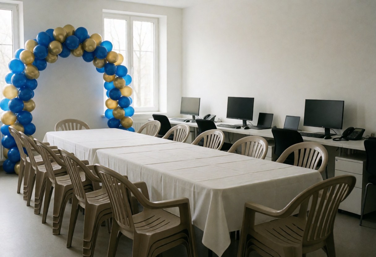Blue and gold balloon arch in a party room with a long table, white tablecloth, stacked plastic chairs, white walls, and natural light from windows