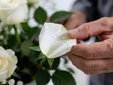 Close-up of florist hands delicately touching a white rose petal with water droplets, surrounded by green leaves in a floral arrangement detail.