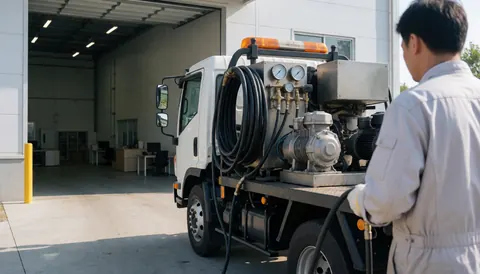 Worker in uniform operating industrial washing equipment mounted on a truck in front of a modern factory with visible hoses and gauges.
