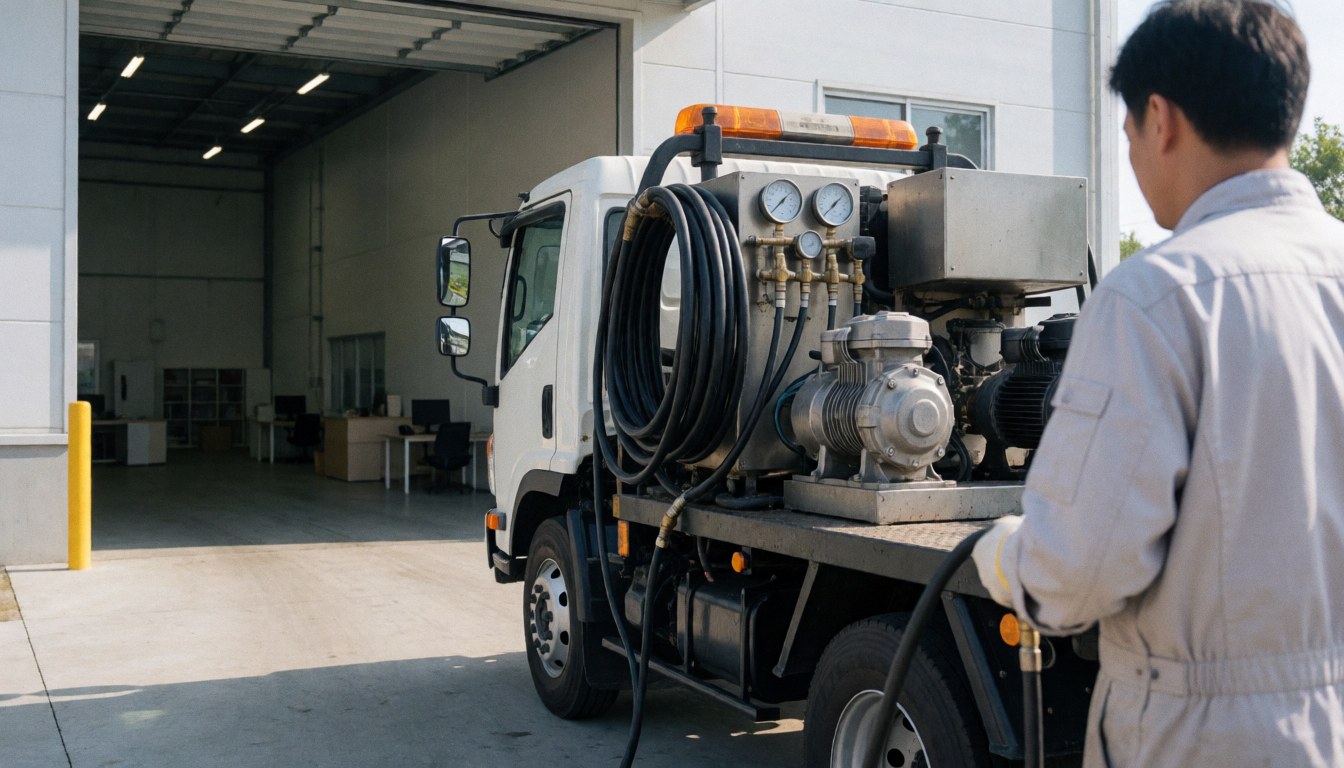 Worker in uniform operating industrial washing equipment mounted on a truck in front of a modern factory with visible hoses and gauges.