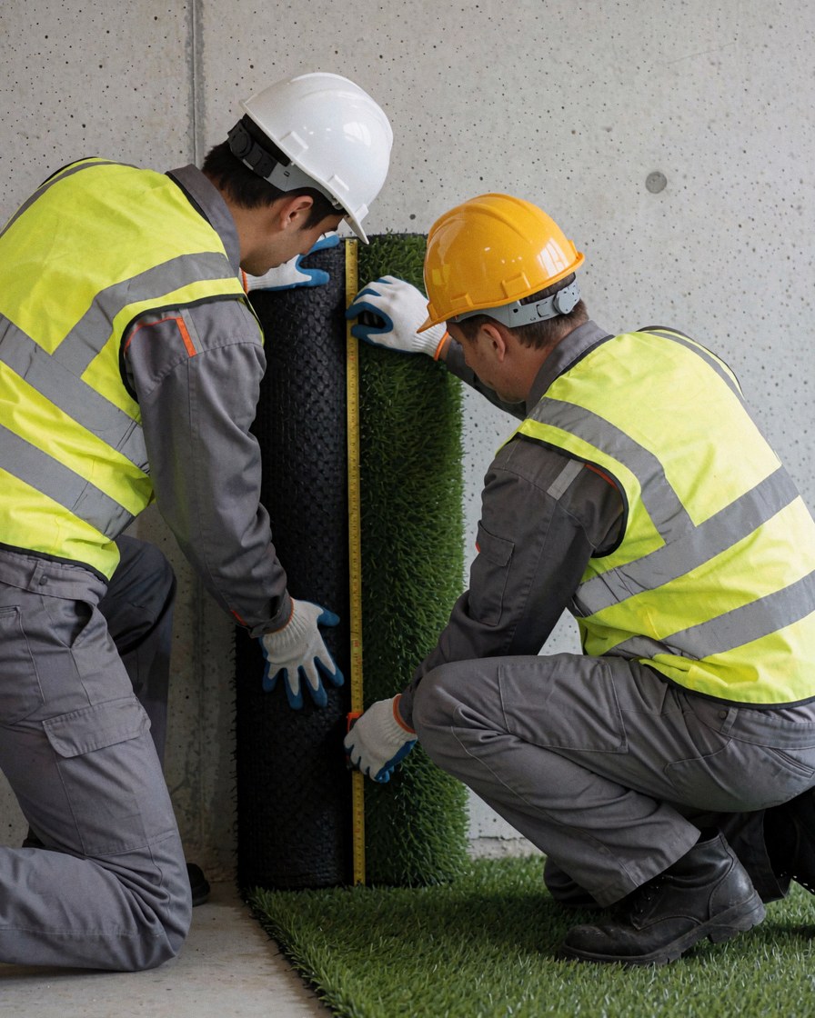 Two workers wearing helmets and safety vests measure synthetic turf against a concrete wall during a tennis court installation project