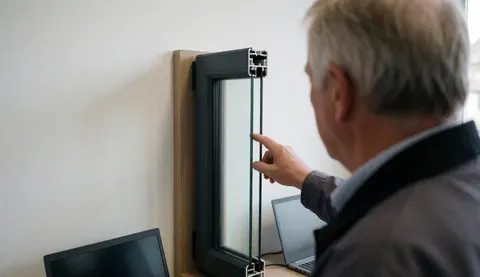 A salesperson points to a PVC window profile displayed on a counter against a white wall, highlighting the product details for window installation.