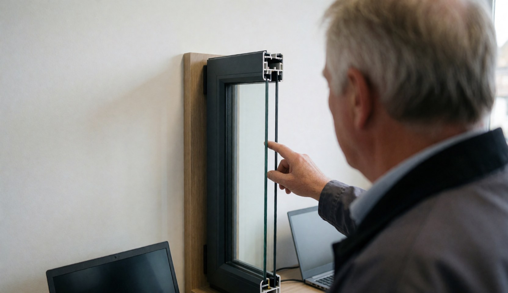 A salesperson points to a PVC window profile displayed on a counter against a white wall, highlighting the product details for window installation.