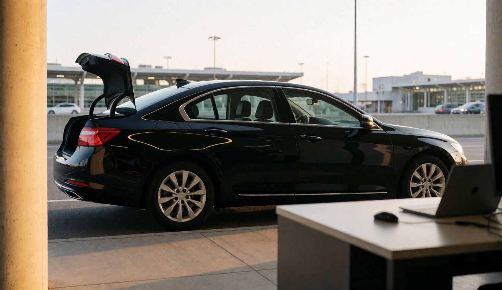 Black sedan with open trunk at airport near a desk with laptop, ideal for ride-hailing services