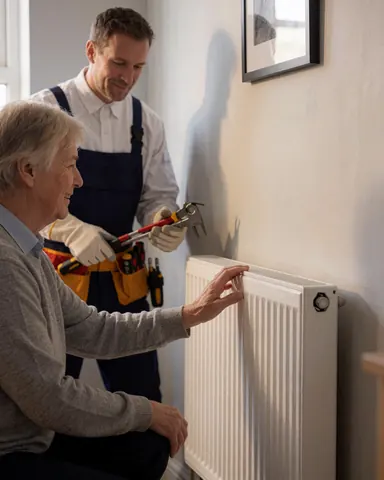 Smiling senior customer touching a white radiator while a technician with tools stands nearby against a gray wall during boiler repair service