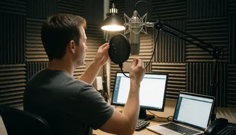 A man adjusts a pop filter in front of a microphone in a recording studio with computers and acoustic treatment.