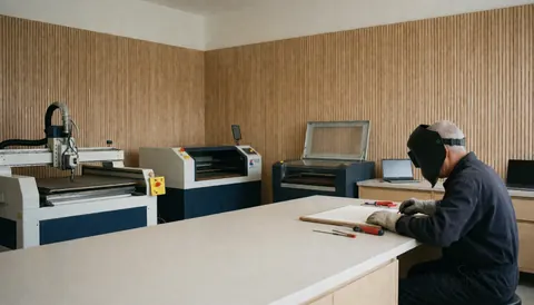 A professional worker operates tools at a workbench in a workshop featuring wooden slat walls and industrial equipment.