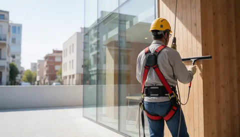 Worker wearing a harness and helmet cleaning a glass facade with a squeegee on a sunny day.