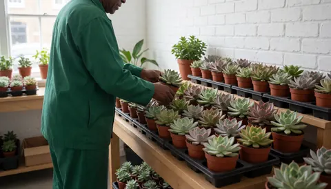 Gardener arranging potted succulents on a wooden table in a plant store with natural light and a white brick wall