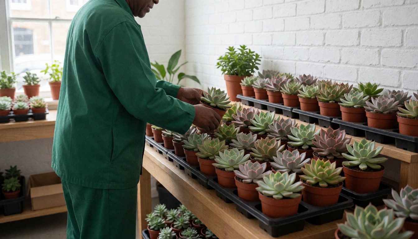 Gardener arranging potted succulents on a wooden table in a plant store with natural light and a white brick wall