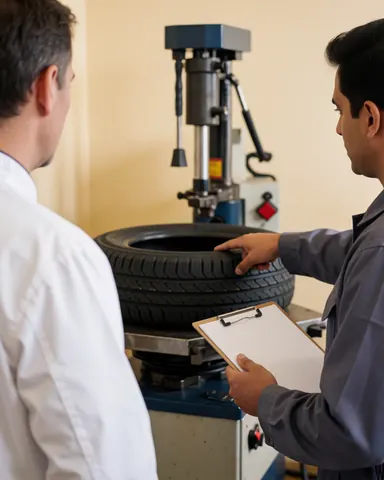 Mechanic explaining tire repair to a customer with visible tire changing machinery in a well-lit workshop.