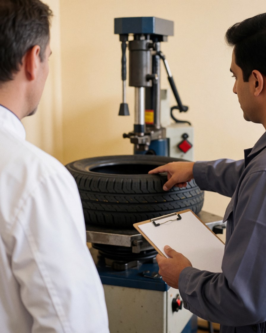 Mechanic explaining tire repair to a customer with visible tire changing machinery in a well-lit workshop.