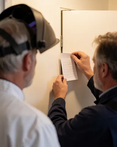 Technician inspects the refrigerator door seal with a piece of paper while a customer watches during an appliance repair service.